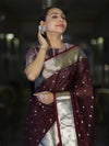 Banarasee Handloom Tissue Saree With Zari Buti Design & Border-Burgundy