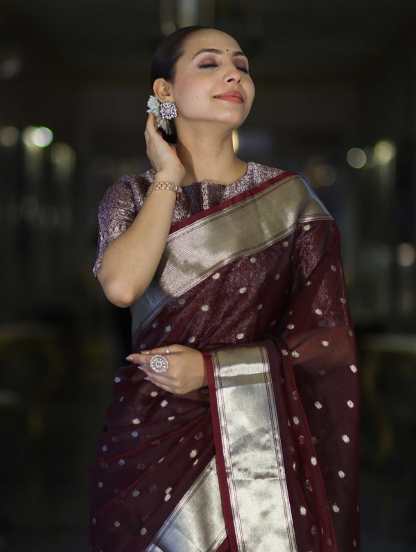 Banarasee Handloom Tissue Saree With Zari Buti Design & Border-Burgundy