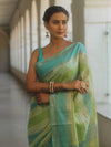 Banarasee Handwoven Semi Silk Saree With Stripes Design-Green & Blue