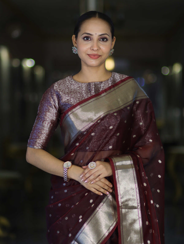 Banarasee Handloom Tissue Saree With Zari Buti Design & Border-Burgundy