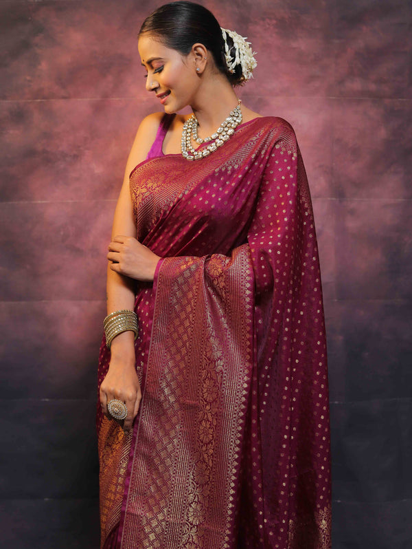 Banarasee Semi-Chiffon Saree With Antique Gold Zari Work-Magenta