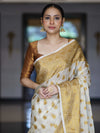Banarasee Handloom Semi Silk Saree With Antique Zari Buta Design & Border-Cream