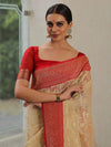 Banarasee Organza Silk Saree With Zari Motifs & Contrast Border-Beige & Red