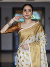 Banarasee Handloom Semi Silk Saree With Antique Zari Buta Design & Border-Cream