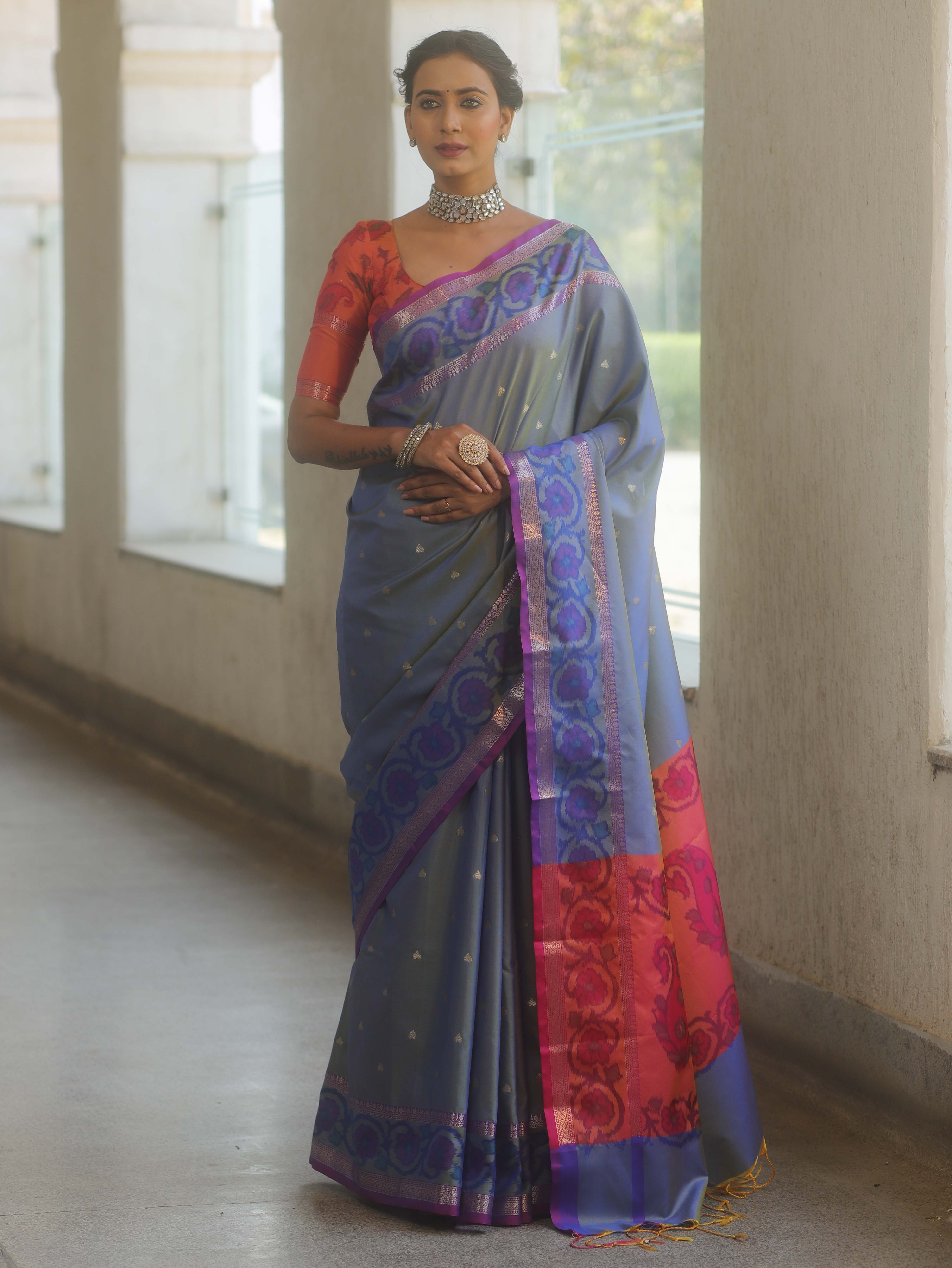 Banarasee Handwoven Semi Silk Ikkat Border Saree With Zari Buti & Border-Grey
