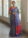 Banarasee Handwoven Semi Silk Ikkat Border Saree With Zari Buti & Border-Grey