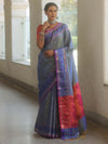 Banarasee Handwoven Semi Silk Ikkat Border Saree With Zari Buti & Border-Grey