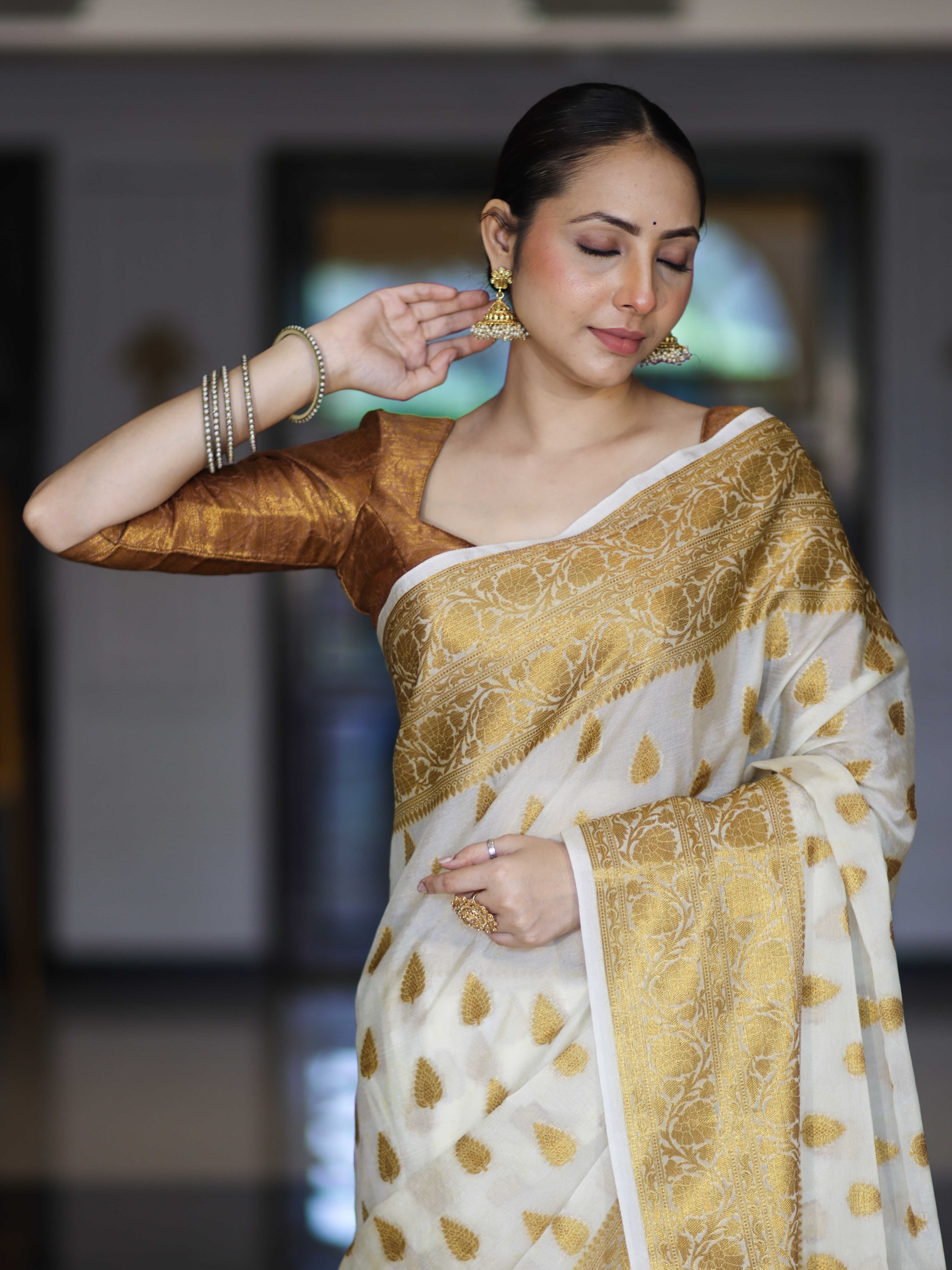Banarasee Handloom Semi Silk Saree With Antique Zari Buta Design & Border-Cream