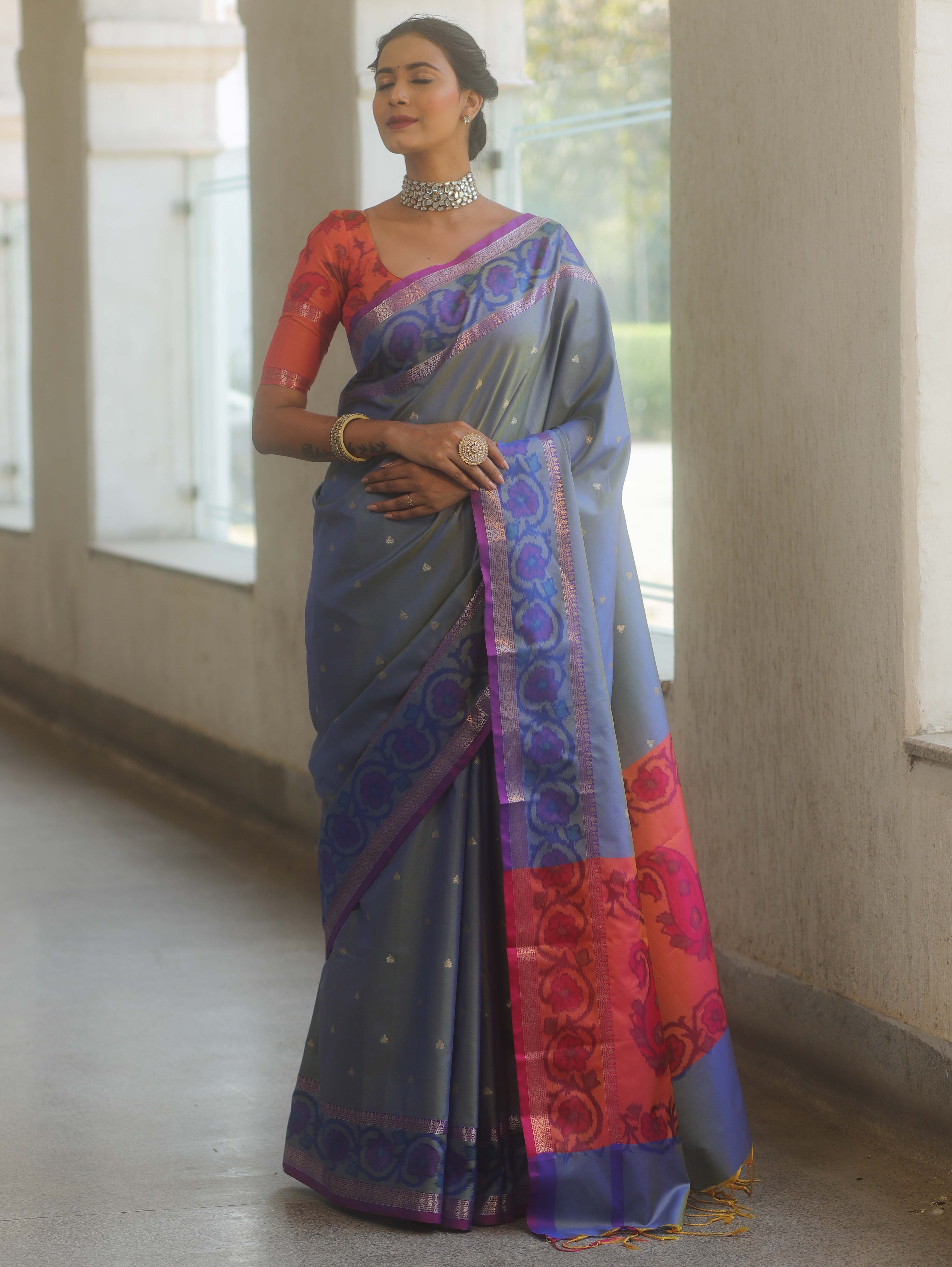 Banarasee Handwoven Semi Silk Ikkat Border Saree With Zari Buti & Border-Grey