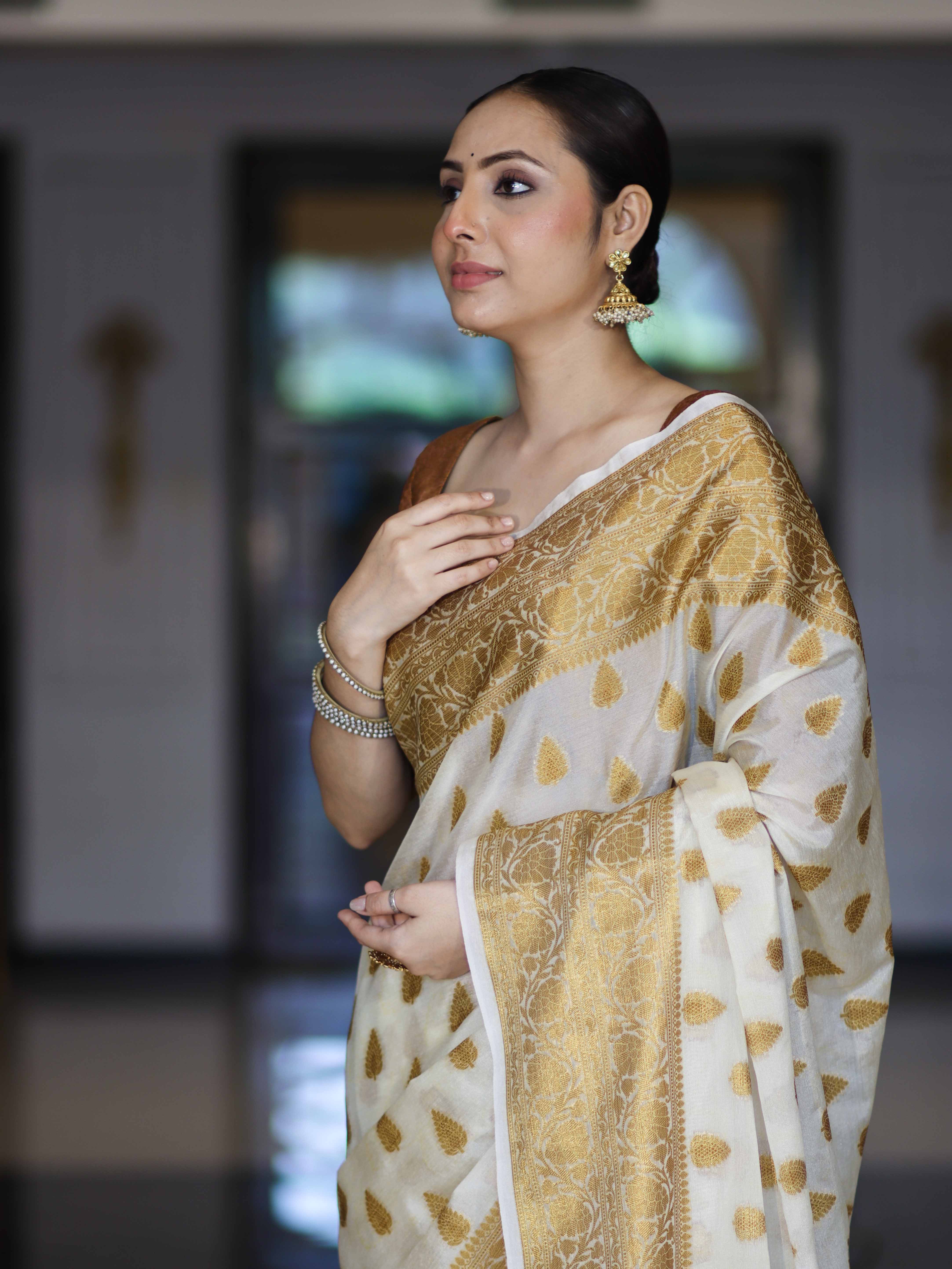 Banarasee Handloom Semi Silk Saree With Antique Zari Buta Design & Border-Cream