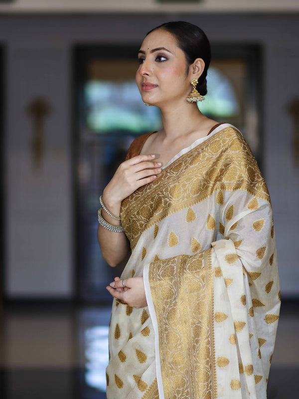 Banarasee Handloom Semi Silk Saree With Antique Zari Buta Design & Border-Cream