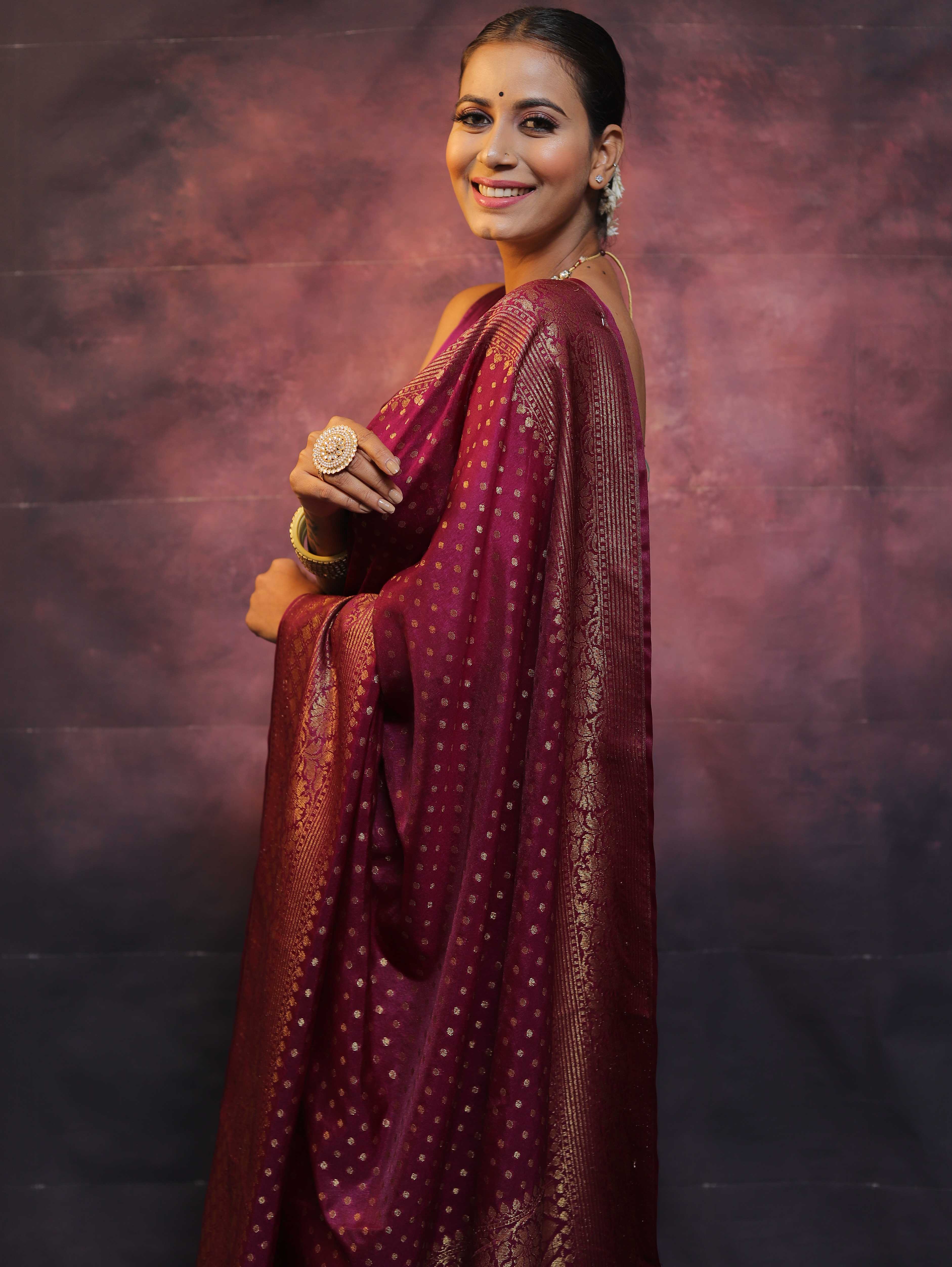 Banarasee Semi-Chiffon Saree With Antique Gold Zari Work-Magenta