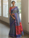 Banarasee Handwoven Semi Silk Ikkat Border Saree With Zari Buti & Border-Grey