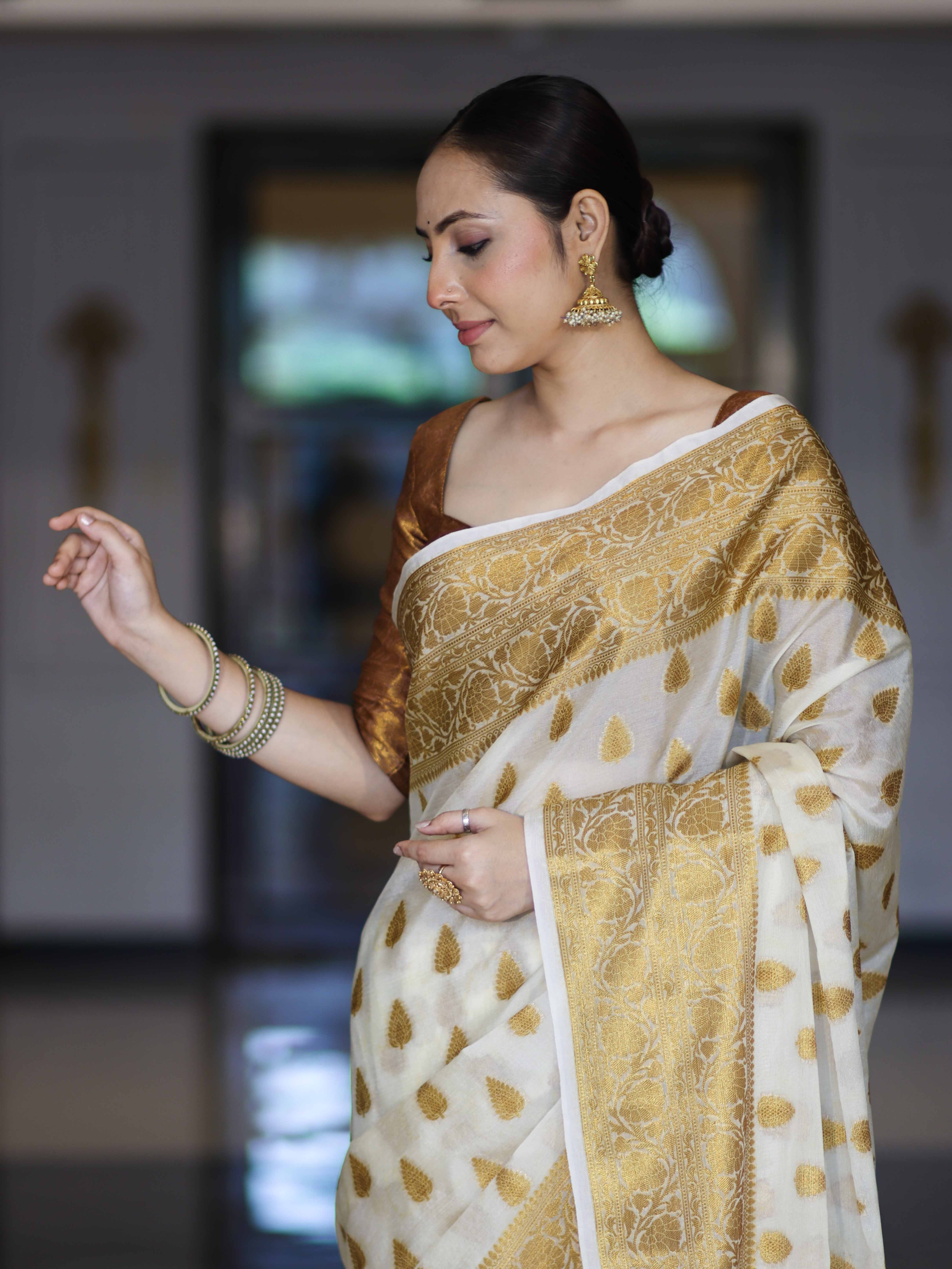 Banarasee Handloom Semi Silk Saree With Antique Zari Buta Design & Border-Cream