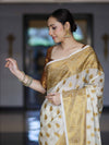 Banarasee Handloom Semi Silk Saree With Antique Zari Buta Design & Border-Cream