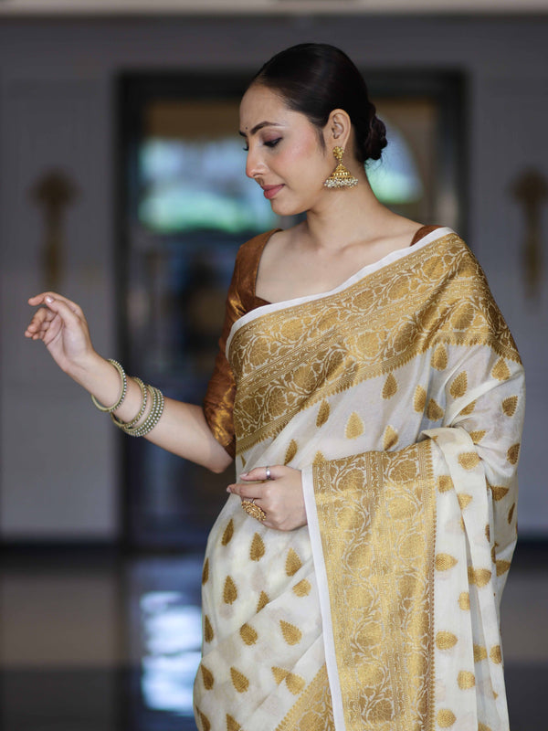 Banarasee Handloom Semi Silk Saree With Antique Zari Buta Design & Border-Cream