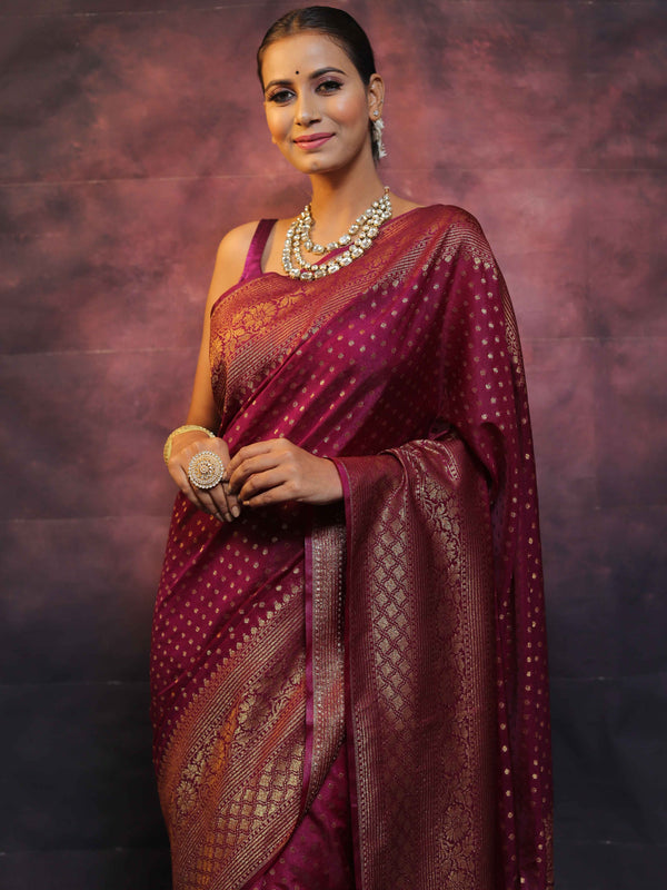 Banarasee Semi-Chiffon Saree With Antique Gold Zari Work-Magenta