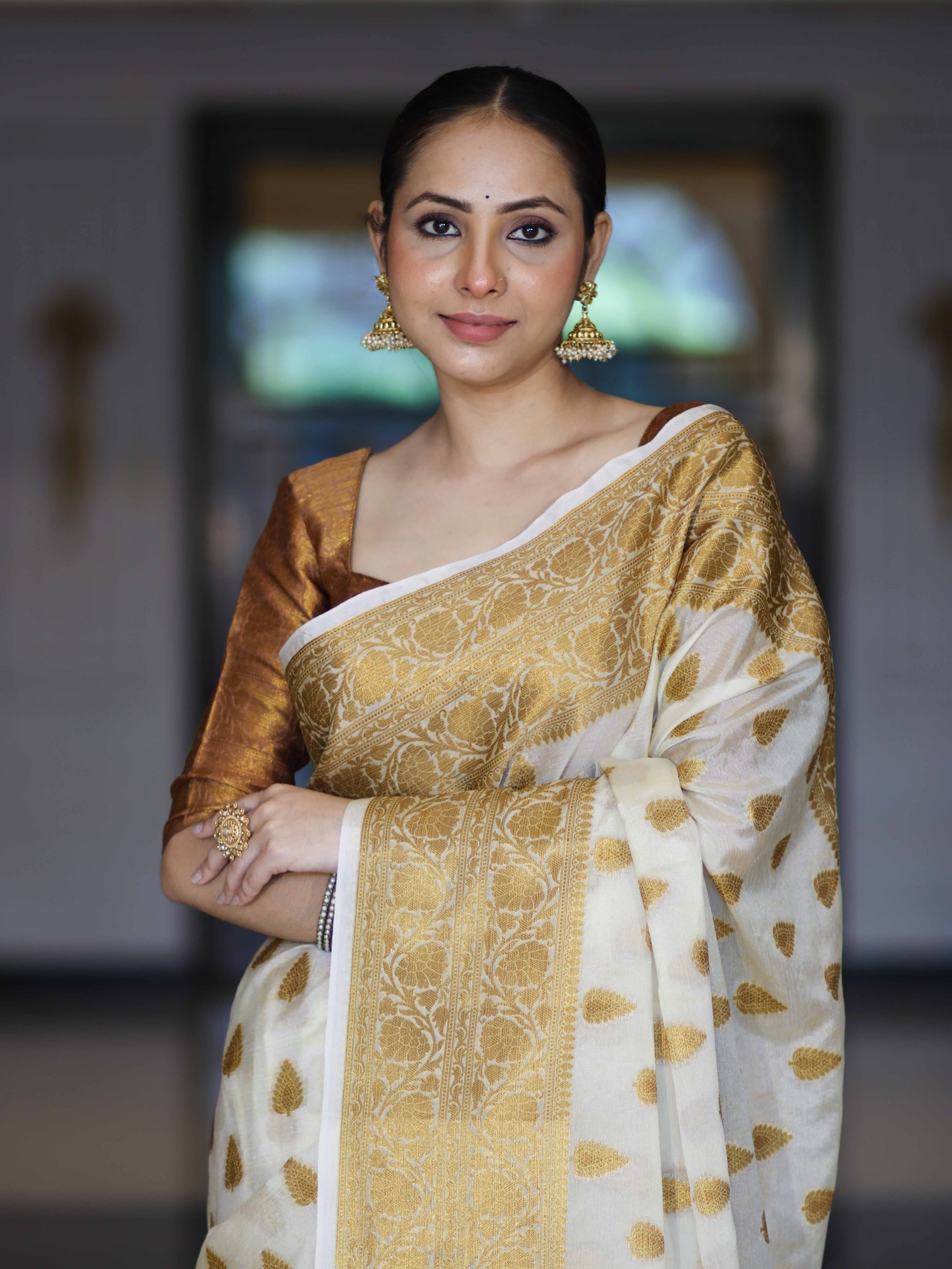 Banarasee Handloom Semi Silk Saree With Antique Zari Buta Design & Border-Cream