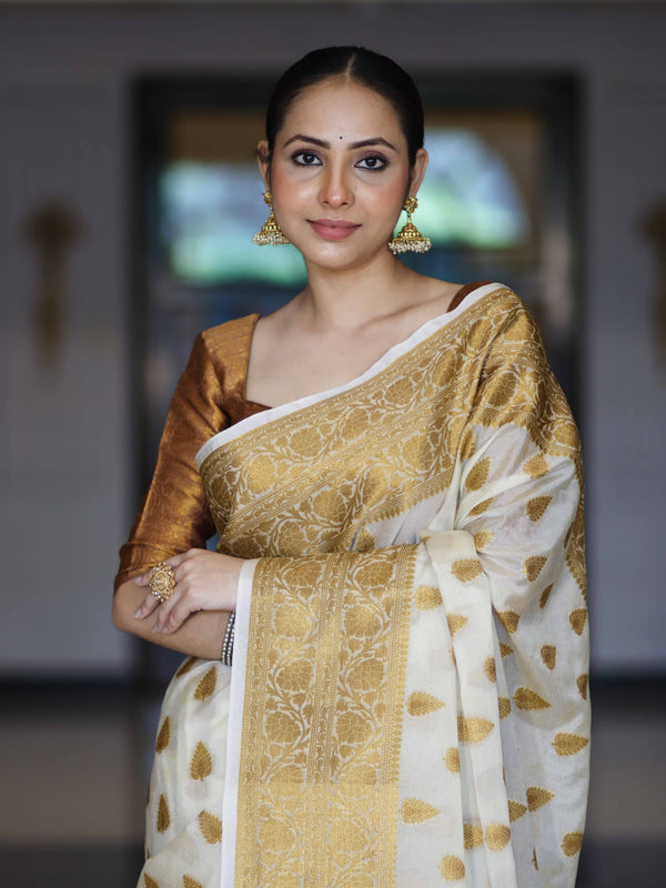 Banarasee Handloom Semi Silk Saree With Antique Zari Buta Design & Border-Cream