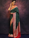 Banarasee Semi-Katan Zari Buta Saree-Green & Red