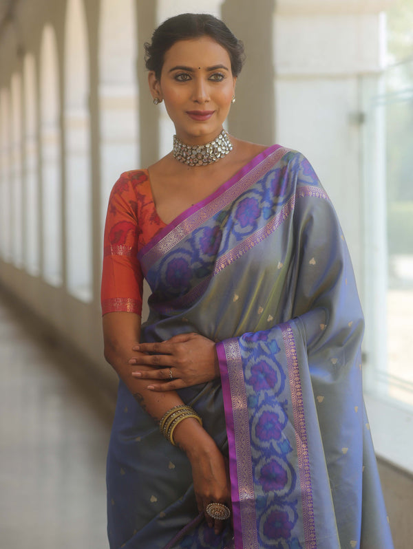 Banarasee Handwoven Semi Silk Ikkat Border Saree With Zari Buti & Border-Grey