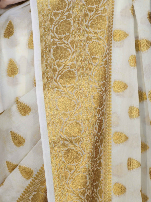 Banarasee Handloom Semi Silk Saree With Antique Zari Buta Design & Border-Cream
