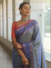 Banarasee Handwoven Semi Silk Ikkat Border Saree With Zari Buti & Border-Grey