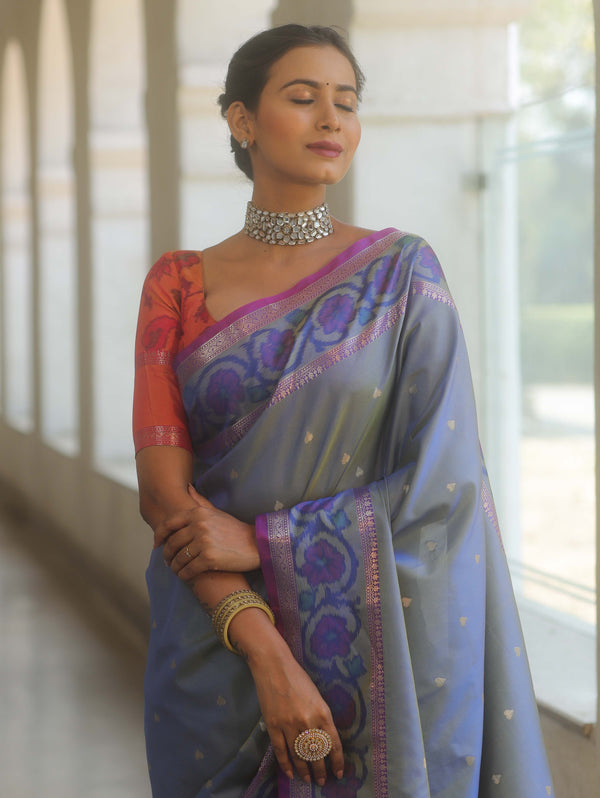Banarasee Handwoven Semi Silk Ikkat Border Saree With Zari Buti & Border-Grey