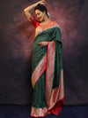 Banarasee Semi-Katan Zari Buta Saree-Green & Red