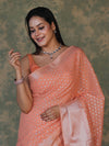 Banarasee Handloom Cotton Silk Saree With Silver Zari Buti Design & Broad Border-Peach
