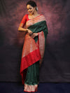 Banarasee Semi-Katan Zari Buta Saree-Green & Red