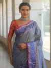 Banarasee Handwoven Semi Silk Ikkat Border Saree With Zari Buti & Border-Grey