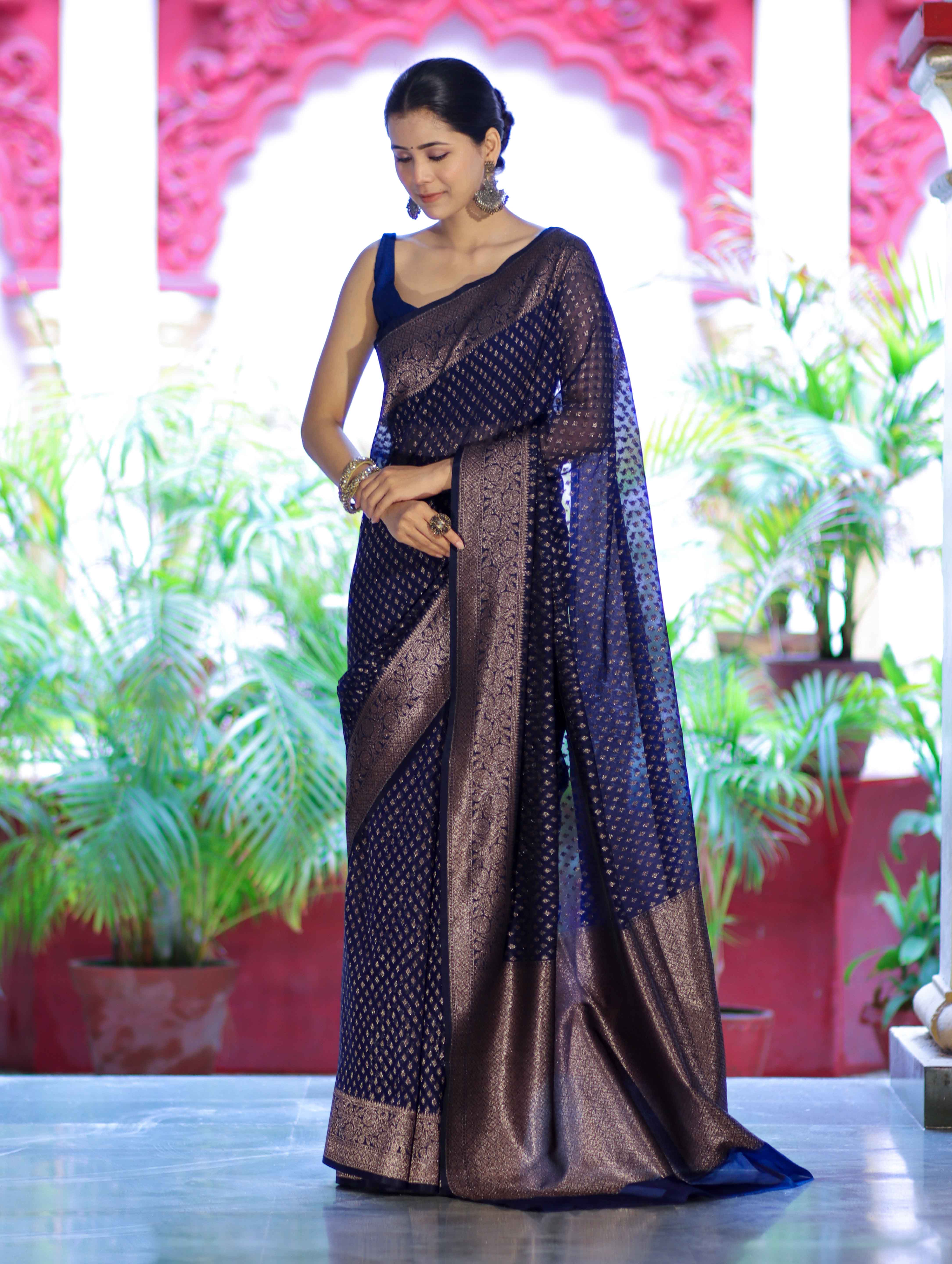 Banarasee Semi-Chiffon Saree With Antique Gold Zari Work-Blue