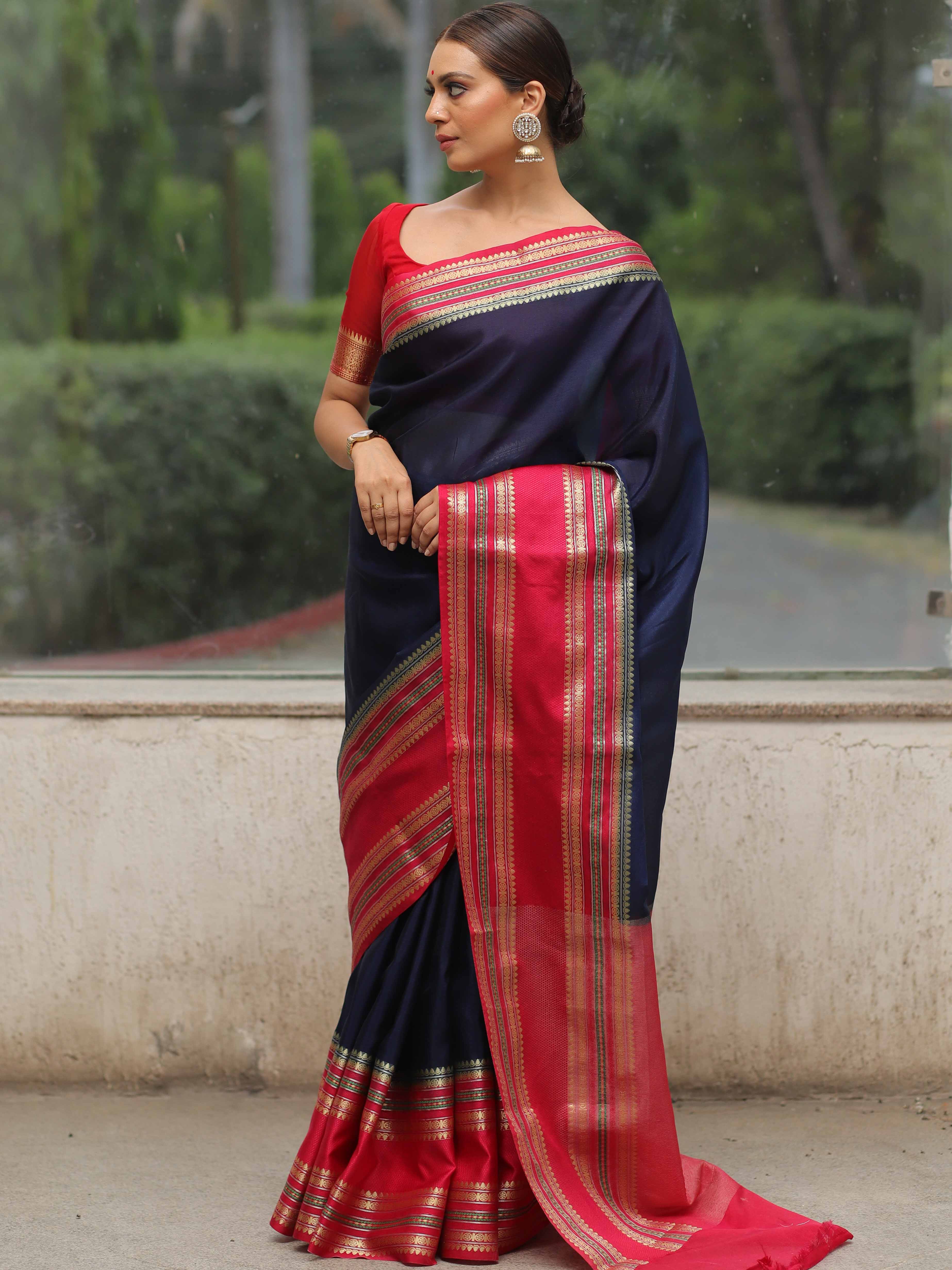 Banarasee Handwoven Semi Silk Plain Saree With Broad Zari & Contrast Border-Blue & Red