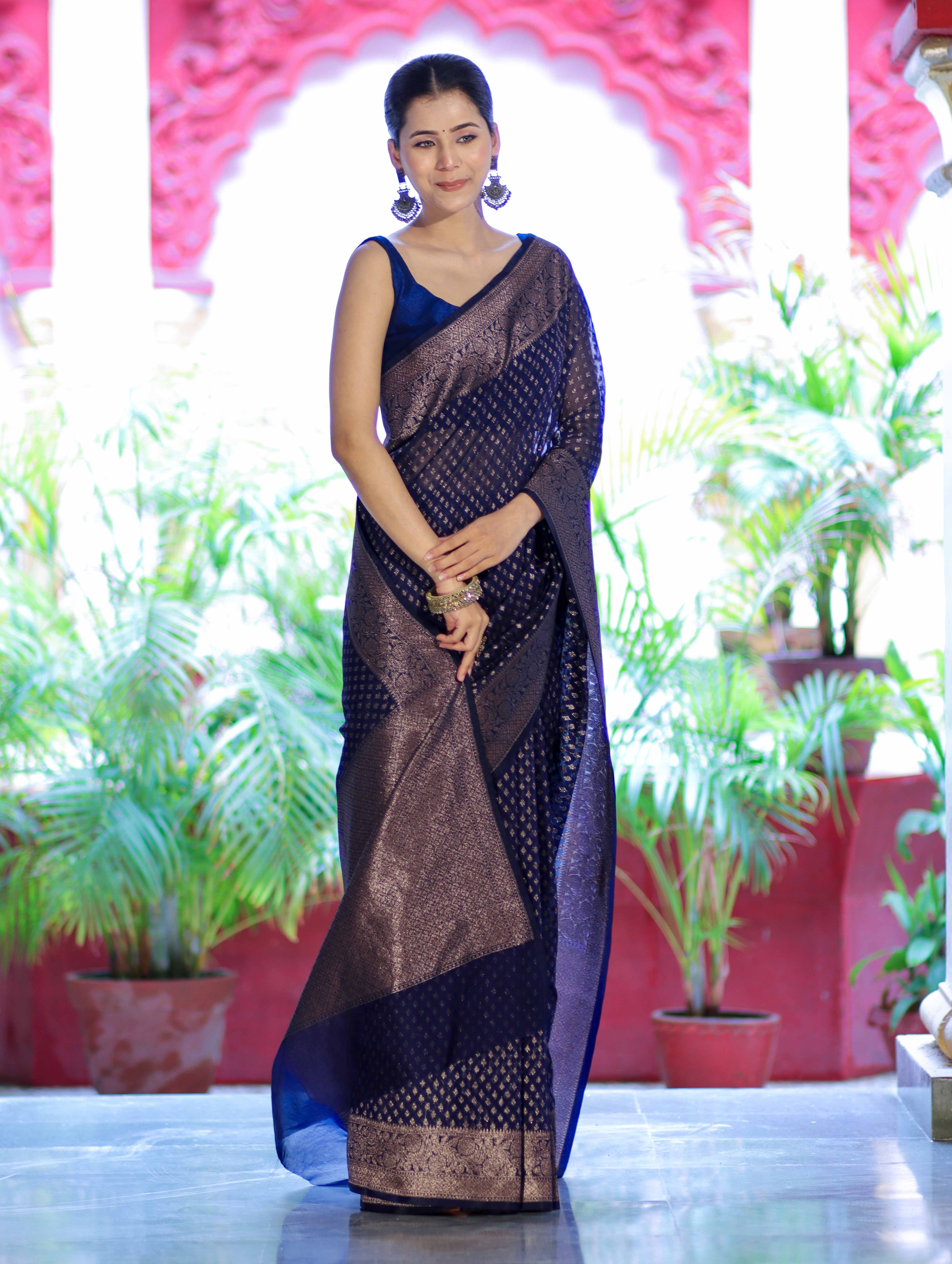 Banarasee Semi-Chiffon Saree With Antique Gold Zari Work-Blue
