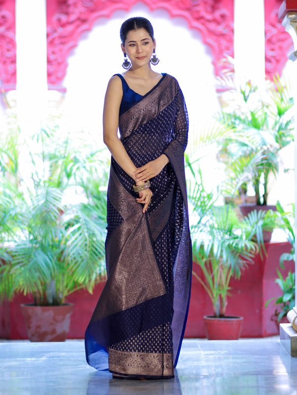 Banarasee Semi-Chiffon Saree With Antique Gold Zari Work-Blue