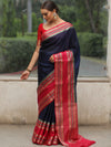 Banarasee Handwoven Semi Silk Plain Saree With Broad Zari & Contrast Border-Blue & Red
