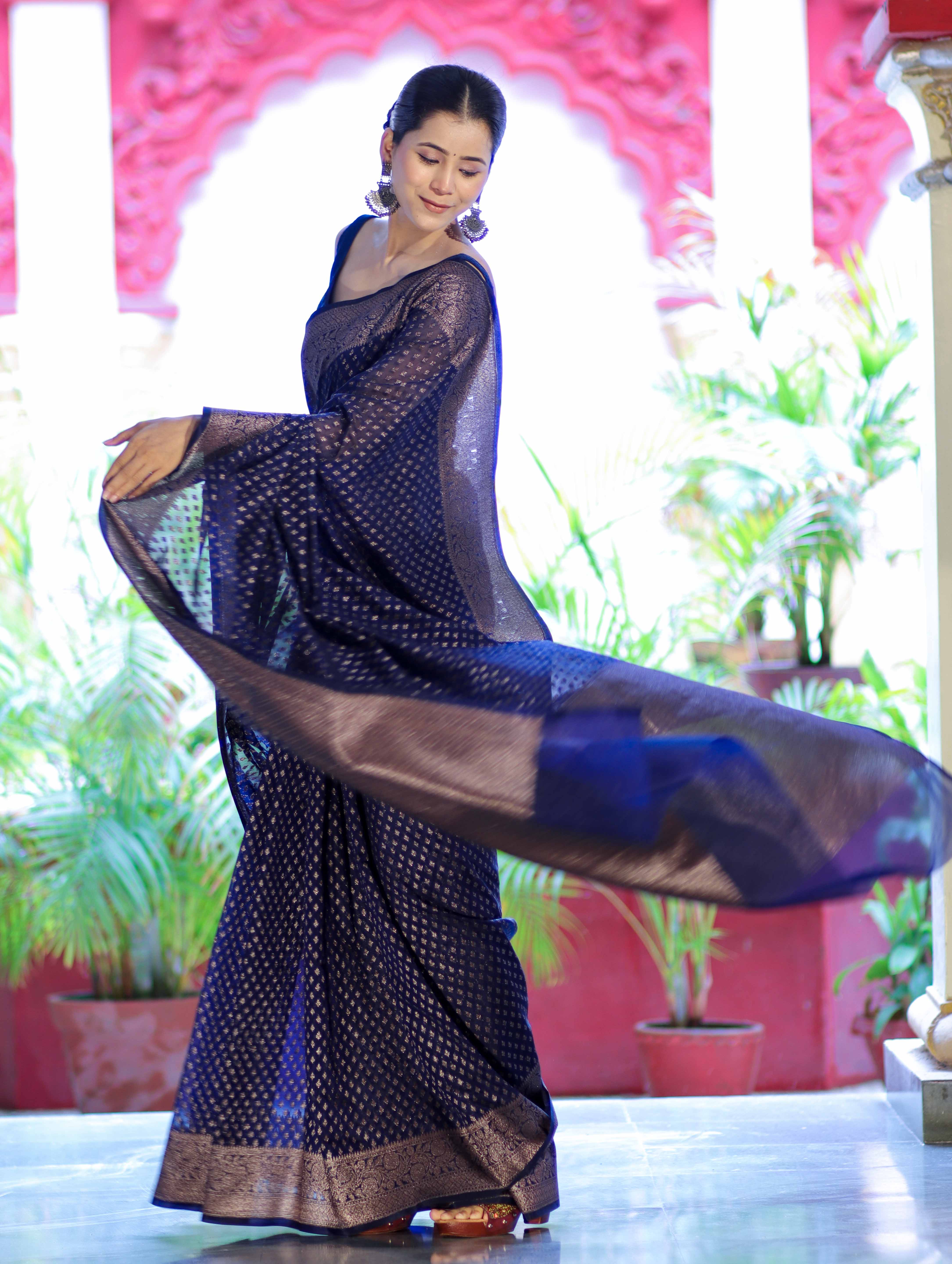 Banarasee Semi-Chiffon Saree With Antique Gold Zari Work-Blue