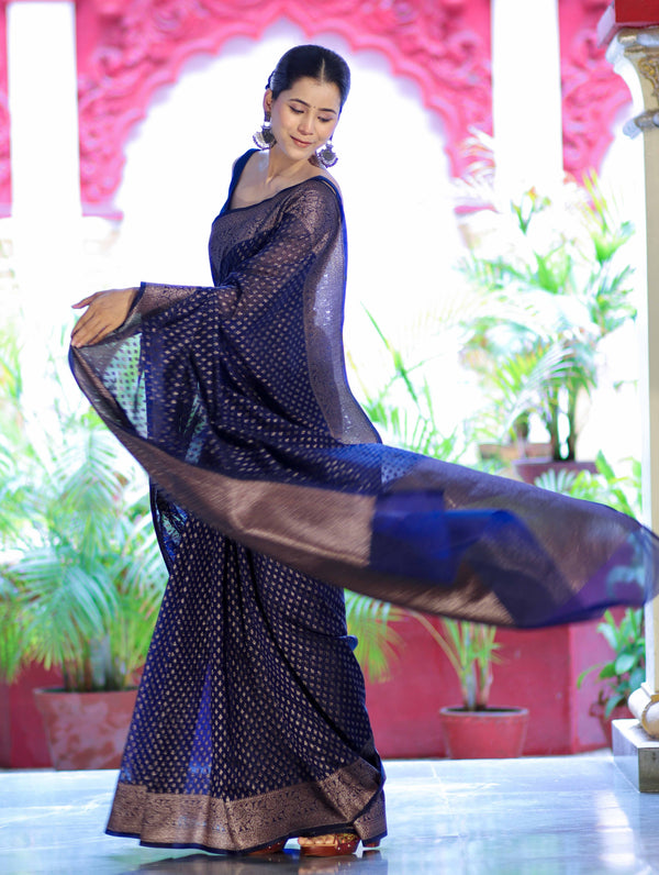 Banarasee Semi-Chiffon Saree With Antique Gold Zari Work-Blue