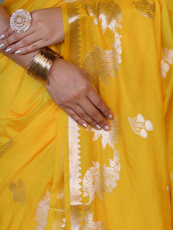 Banarasee Handloom Semi Silk Saree With Sona Rupa Zari Buta Design & Border-Yellow