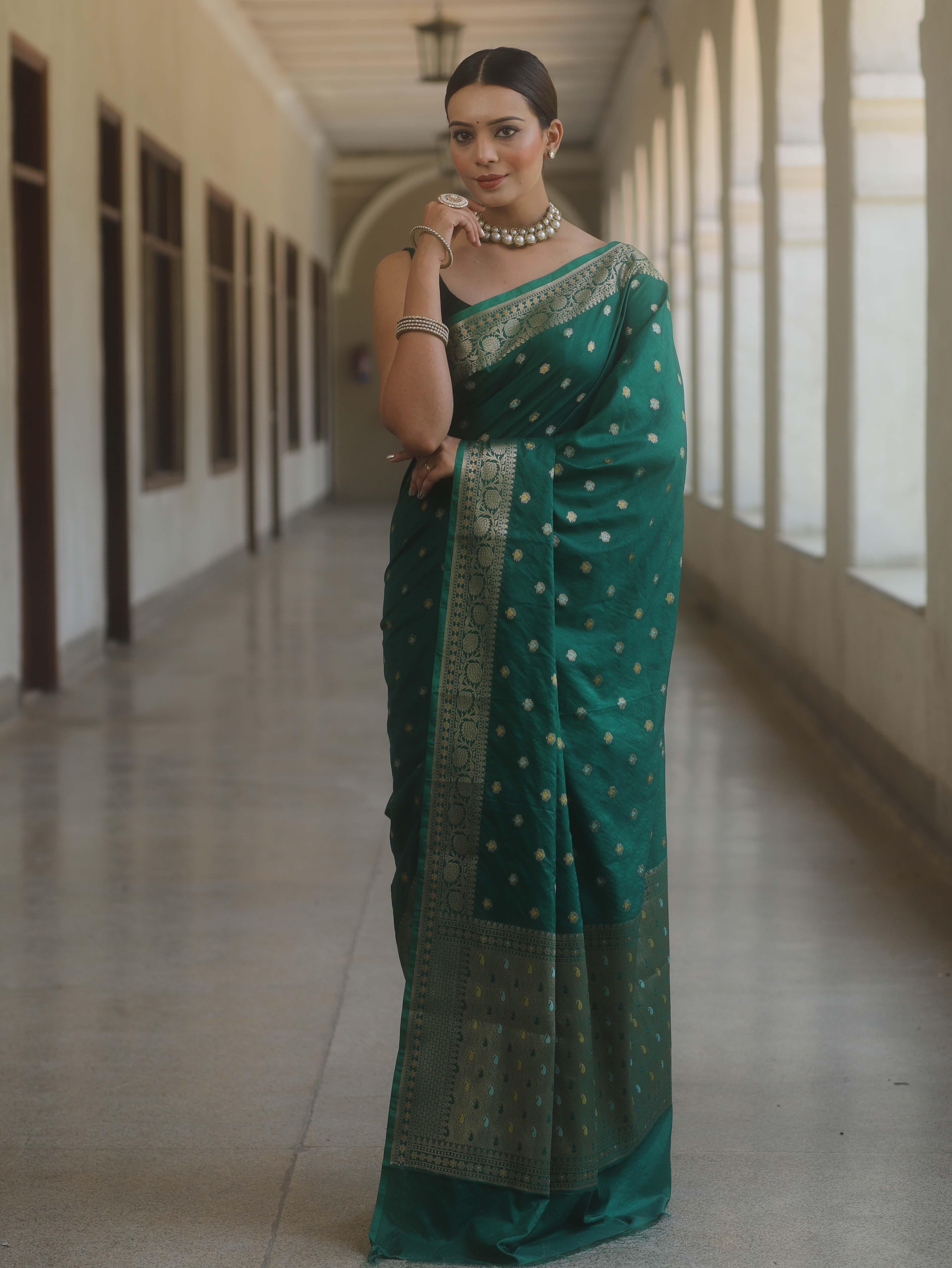 Banarasee Handwoven Semi Silk Saree With Zari Buti Design-Green