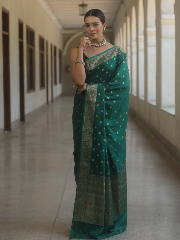 Banarasee Handwoven Semi Silk Saree With Zari Buti Design-Green