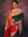 Banarasee Semi-Katan Zari Buta Saree-Green & Red