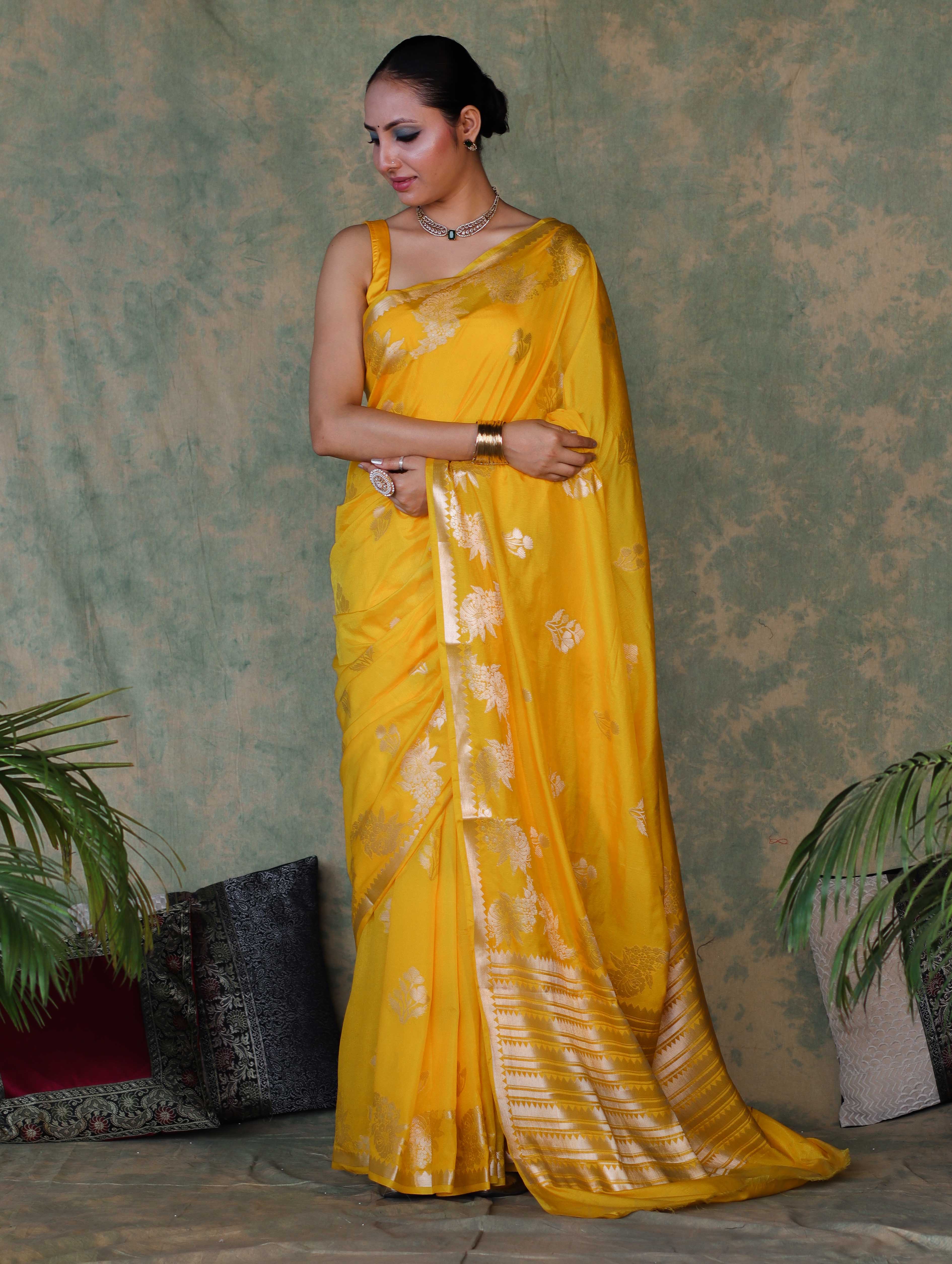 Banarasee Handloom Semi Silk Saree With Sona Rupa Zari Buta Design & Border-Yellow