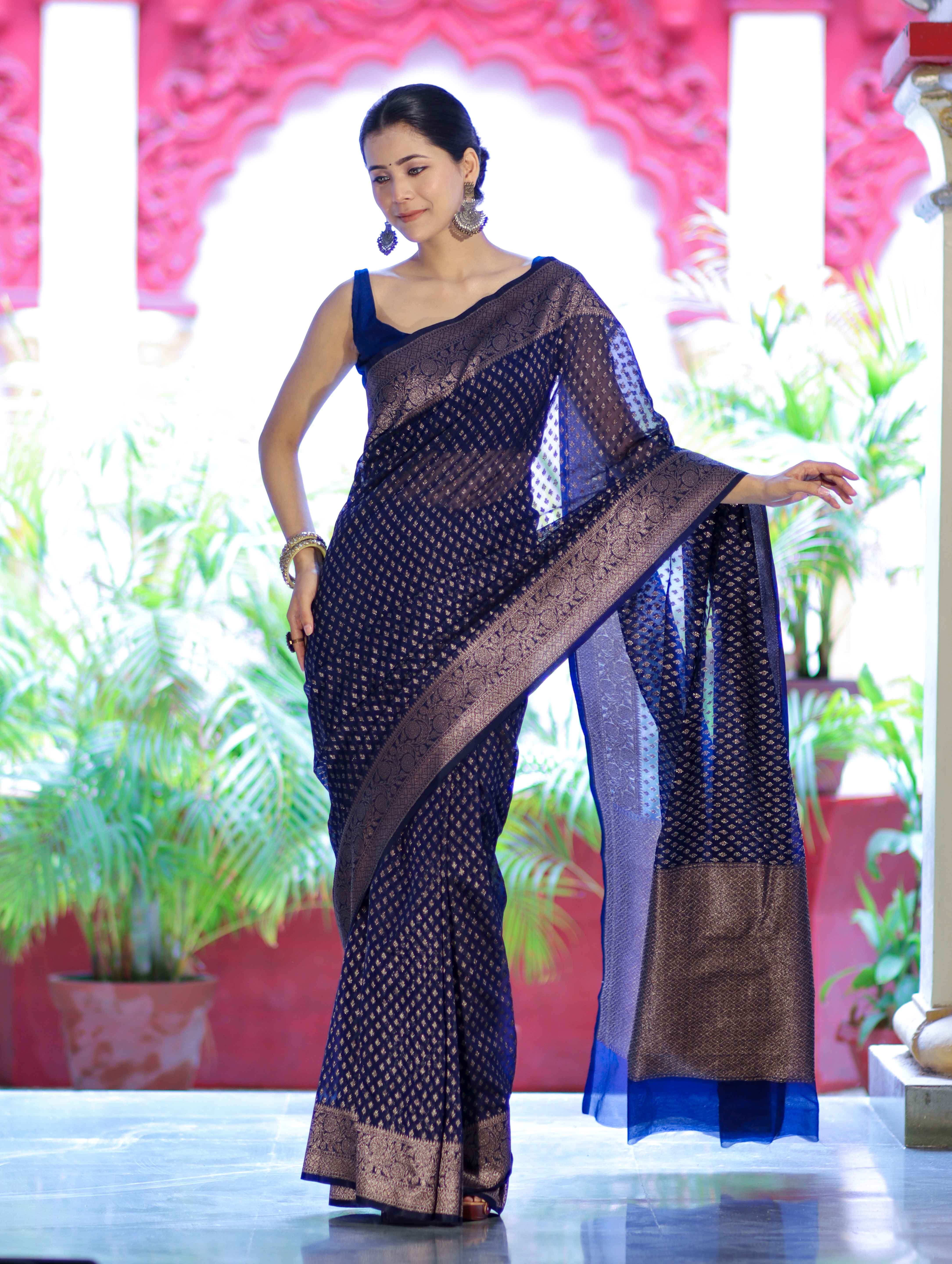 Banarasee Semi-Chiffon Saree With Antique Gold Zari Work-Blue