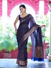 Banarasee Semi-Chiffon Saree With Antique Gold Zari Work-Blue