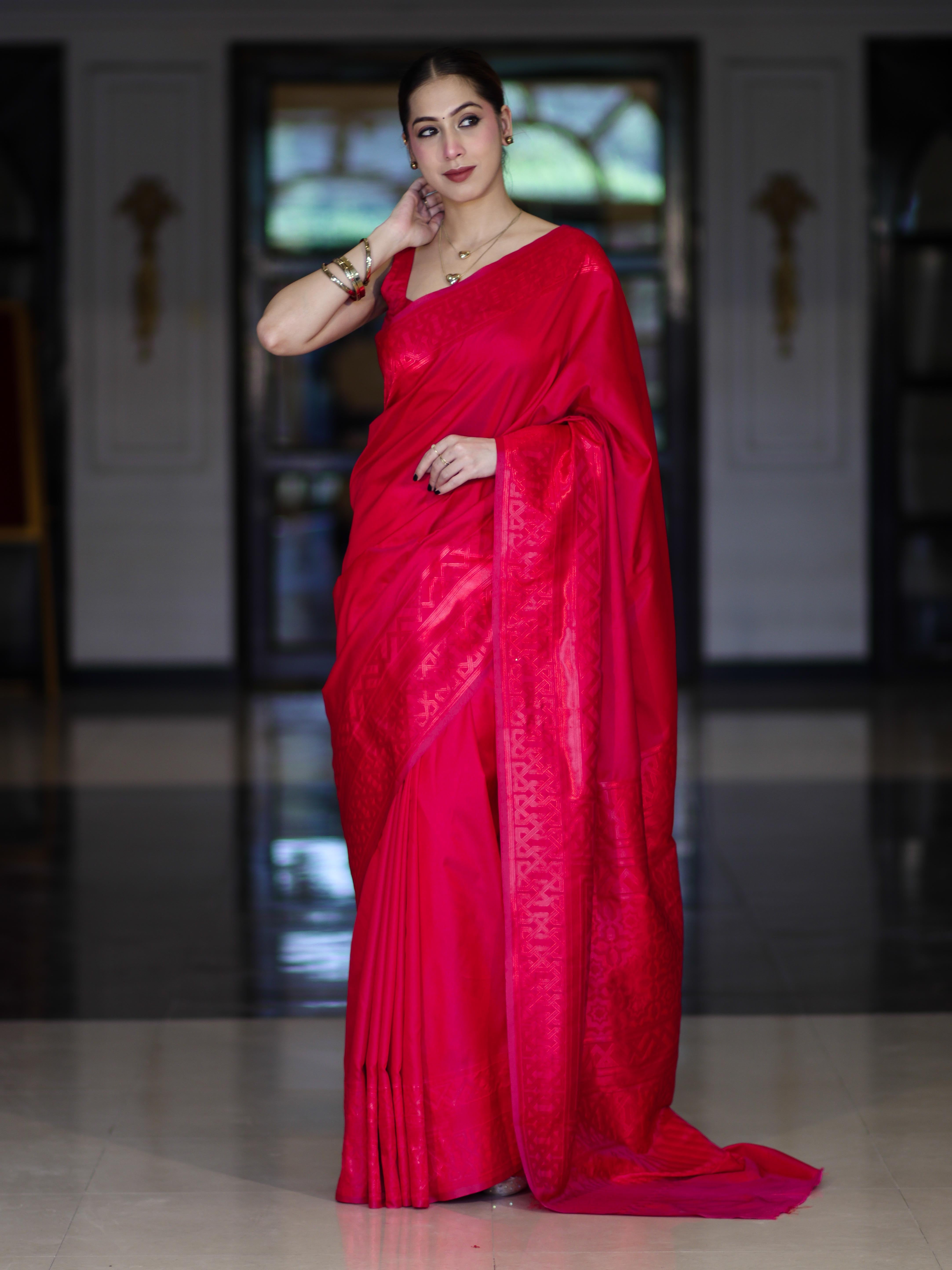 Banarasee Dual Tone Semi Katan Saree With Self Weaving Resham Border-Pink (Red Tone)