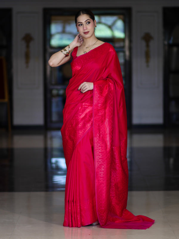 Banarasee Dual Tone Semi Katan Saree With Self Weaving Resham Border-Pink (Red Tone)