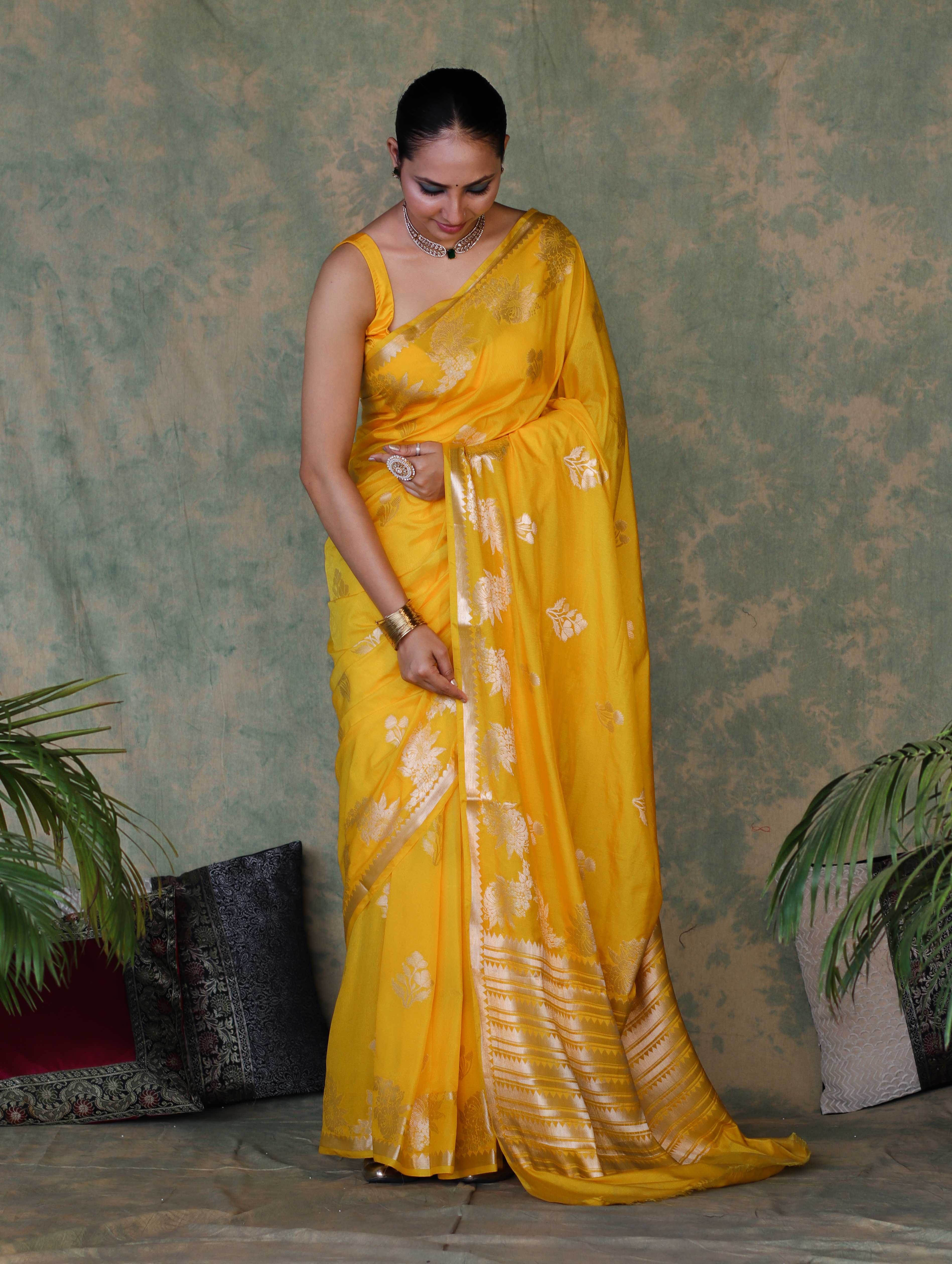 Banarasee Handloom Semi Silk Saree With Sona Rupa Zari Buta Design & Border-Yellow