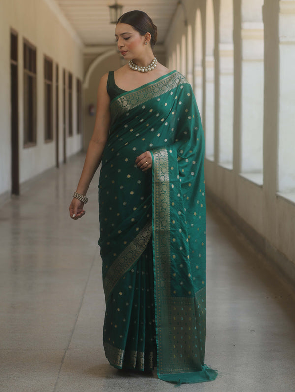 Banarasee Handwoven Semi Silk Saree With Zari Buti Design-Green